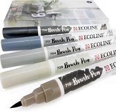 Ecoline “Grijs” Brushpennen set van 5 + 1 Blok Ecoline Papier 20 Vel, 300g/m² + GRATIS Zipperbag