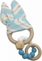 Houten Bijtring bunny blauw-wit