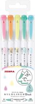 Zebra Mildliner Twin Tip Highlighters Brush - Brush / Extra Fine – Pastel Color Set van 5 in een  Luxe Zipperbag