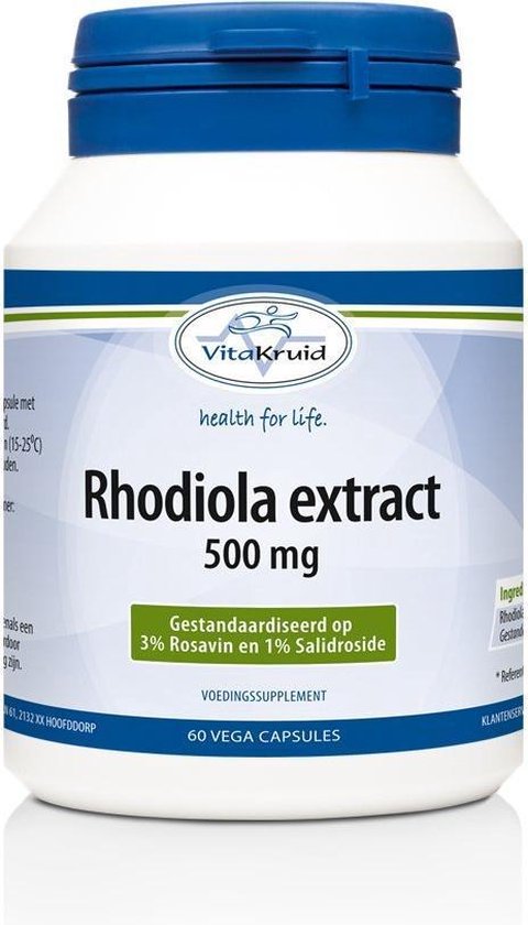 Witte pot met blauwe dop. Etiket met 'Rhodiola extract 500 mg' en '60 VEGA CAPSULES'.