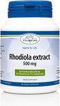 Witte pot met blauwe dop. Etiket met 'Rhodiola extract 500 mg' en '60 VEGA CAPSULES'.