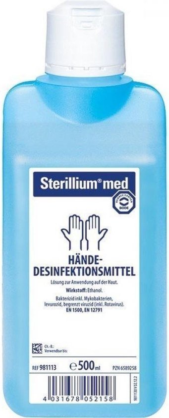 Fles Sterillium med handdesinfectiemiddel 500 ml, lichtblauw met witte dop.