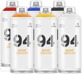 Emballage Bombes aérosols MTN94 - Peinture en aérosol graffiti au fini mat et basse pression 6 couleurs de base - 400 ml