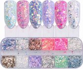 Glitter Poeder Nail Art Set - 12 Stuks - Diverse Kleuren - Nagel Decoratie Strass