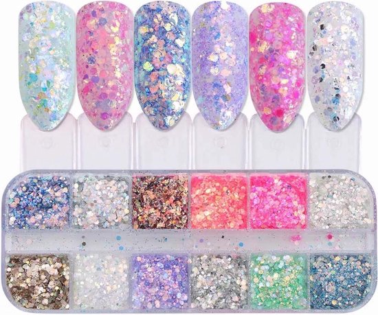 Foto: Glitter poeder nail art set 12 stuks diverse kleuren nagel decoratie strass