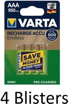 16 Stuks (4 Blisters a 4 st) Varta Endless AAA Oplaadbare Batterijen 950 mAh