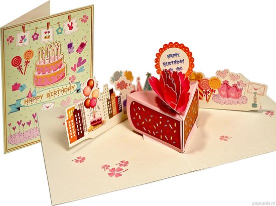 Popcards popupkaarten – Pop-up kaart verjaardagskaart verjaardagstaart taart met versieringen cake jarig verjaardag Happy Birthday 3D-kaart wenskaart