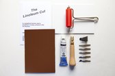(No. 121800) DIY Lino cut starter set A6 incl. lino inkt roller -  guts set met 5 guts messen- linoleum / lino plaat -  tube inkt - linocut