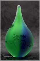 Urn met uw gewenste naam, afbeelding pootafdruk, hart en datums middels zandstraling-Urn-Small-Glas- Groen en Blauw- 50ml inhoud-Druppel mini urn kleine deelbestemming voor cremati