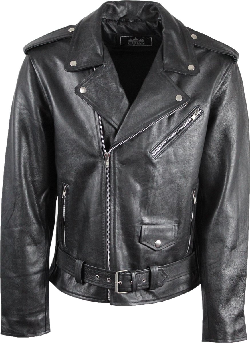 Urban 5884® - Perfecto - Herenjas - Sterk Rund leer - Biker jack - Schuin rits - Zwart - Maat M