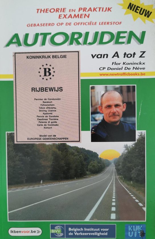 Boek "Autorijden van A tot Z" met een foto van een rijbewijs en een man in uniform.
