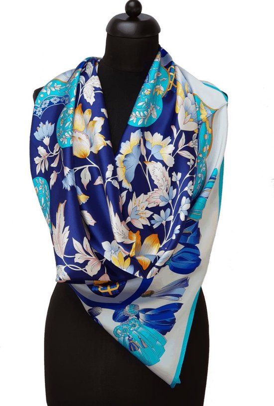 ThannaPhum luxe zijden sjaal - Blauw wit met bloemen 100 x 100 cm | bol.com
