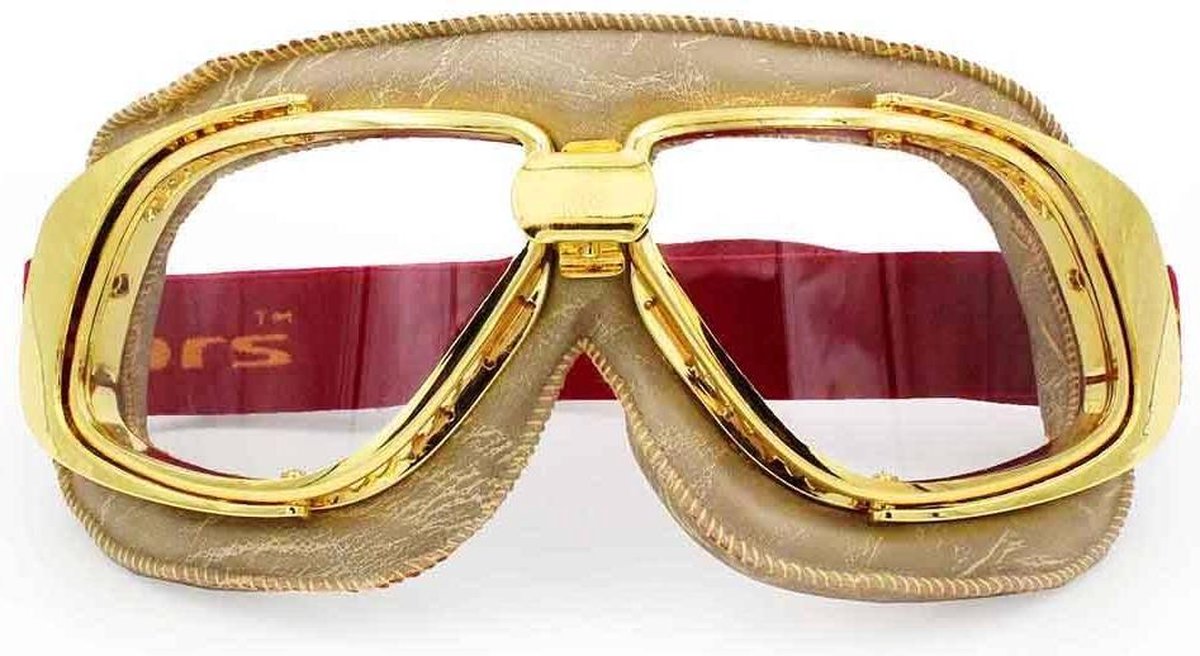 Ediors retro goud, beige leren motorbril | Helder glas