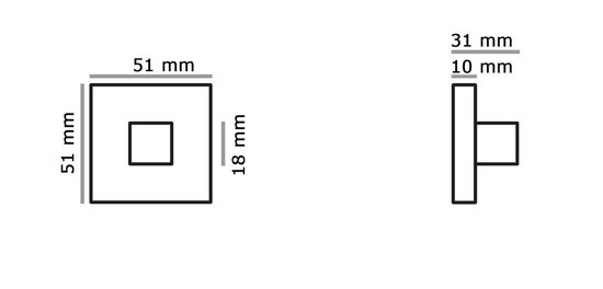Technische tekening van een vierkant rozet met afmetingen 51x51 mm en een uitsteeksel van 18 mm.