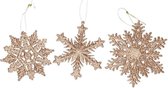 3x Kersthangers figuurtjes koperen sneeuwvlok/ster 10 cm glitter - Sneeuw thema kerstboomhangers - Kerstboomversieringen koper