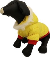 Winterjas voor de hond in de kleur fel geel en rood met bont randje - M ( rug lengte 25 cm, borst omvang 34 cm, nek omvang 28 cm )