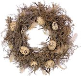 Paaskrans met gestippelde eitjes, veertjes en witte droogbloemetjes - diameter 34 cm