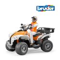 Oranje en witte quad met speelgoedfiguur in oranje vest en witte kleding, rijdend.