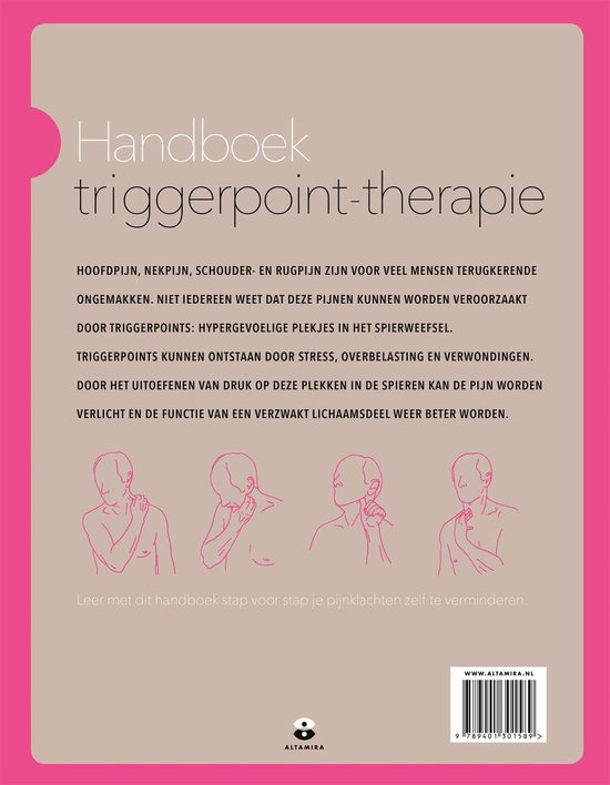 Achterkant boek "Handboek triggerpoint-therapie" op roze achtergrond, met witte illustraties van pijnlocaties en tekst.