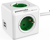 DesignNest PowerCube Extended DUO USB - 1,5 meter kabel - wit/groen- 4 stopcontacten - 2 USB laders - Type F - stekkerdoos - stekkerblok - telefoonlader - oplader