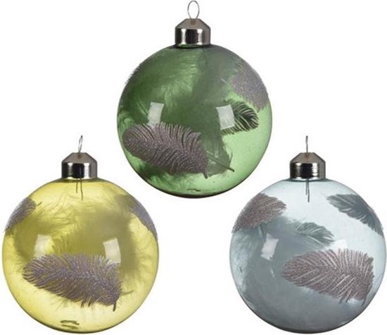 Kerstballen Glas met glitter veren - 8cm - Geel, Groen of blauw - set van 3 stuks