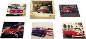 Set 02 van 6 houten onderzetters met afbeeldingen van Oldtimers, inclusief houder van FSC gecerificeerd hout