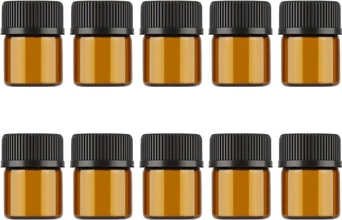 Glazen sample flesje - 1 ml - Amber bruin - Etherische olie - Parfum - Hervulbaar - Lek vrij - 5 stuks.