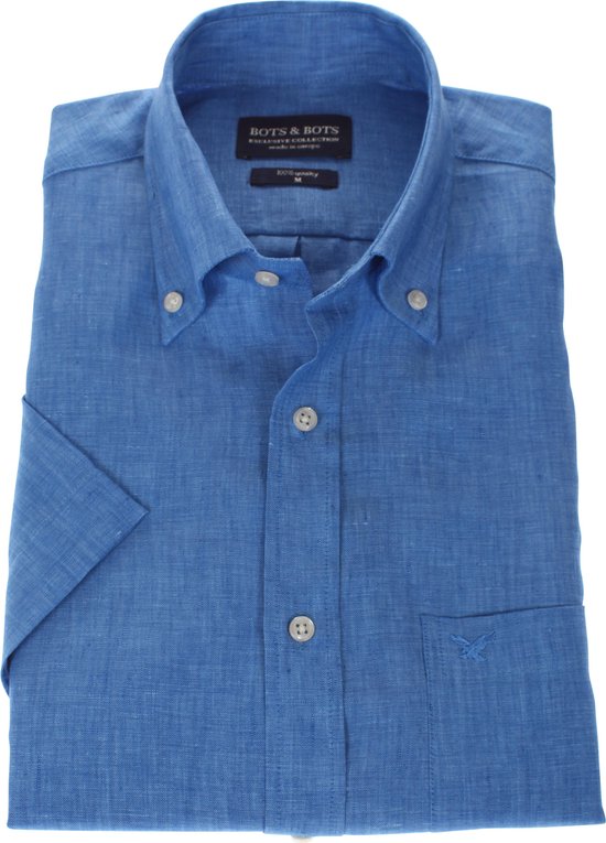 Linnen overhemd, korte mouw, jeans blauw, button down kraag, 207003-M | bol