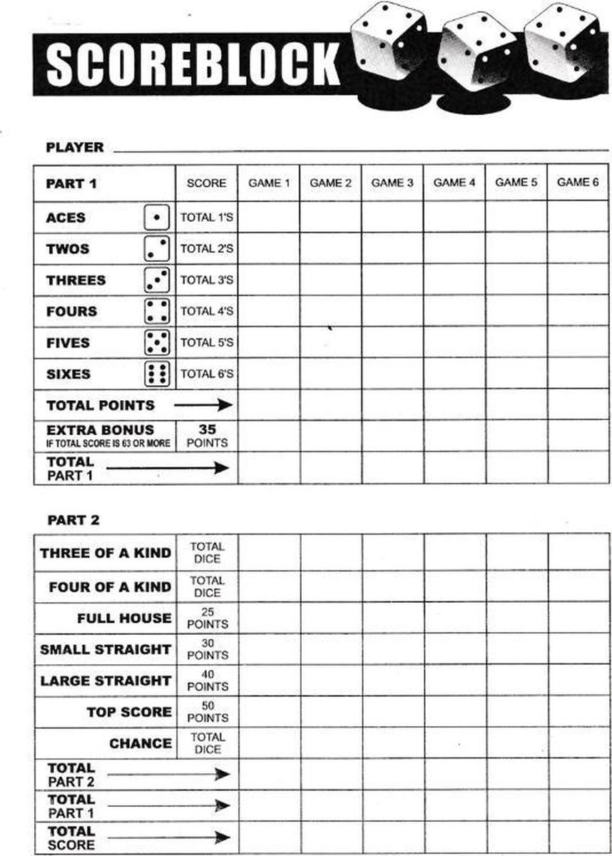 Sprængstoffer Isolere sympatisk Games Yahtzee Scoreblok - Scoreblok Yahtzee - 100 Vellen | bol.com