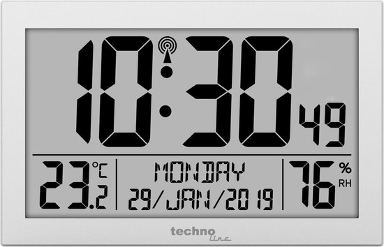 Technoline WS 8016 - Wandklok - Digitaal - Radio gestuurd - Dag / Datum aanduiding - Wekker - Thermometer - Hygrometer - Grote cijfers - Oudere - Dementie klok