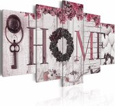 Schilderij - Huis van Herinneringen - Home , wit roze , hout look , 5 luik