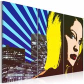 Schilderij - Lady in New York , blauw geel , 3 luik