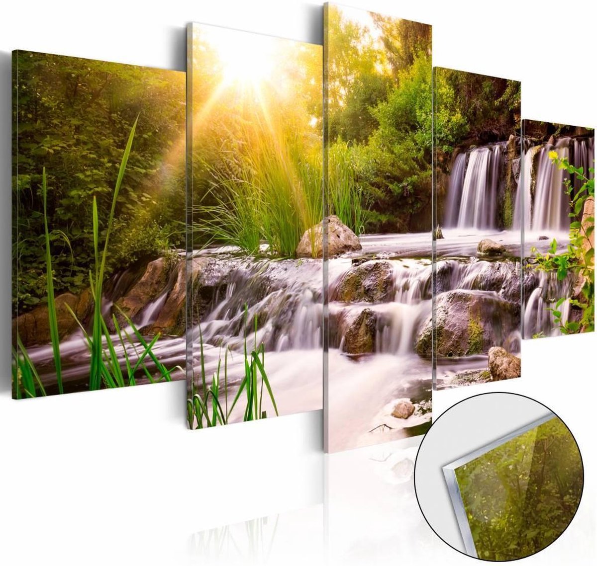 karo-art Afbeelding op acrylglas - Waterval in het bos, Groen, 5luik Multikleur