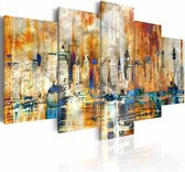 Schilderij - Herinneringen aan de stad, 5 luik, Oranje/Blauw, 2 maten, Premium print