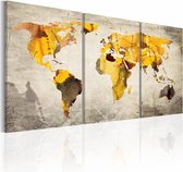 Schilderij - Wereldkaart - Gele continenten, 3luik , premium print op canvas