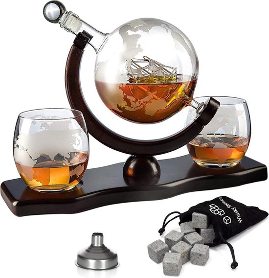 Whisiskey ® Decanteerkaraf - Wereldbol - Luxe Whiskey Karaf Set - 0,9 - Incl. 8 Stones, Schenktuit & 2 Whiskeyglazen - Cadeau voor Man & Vrouw | Bestel nu!