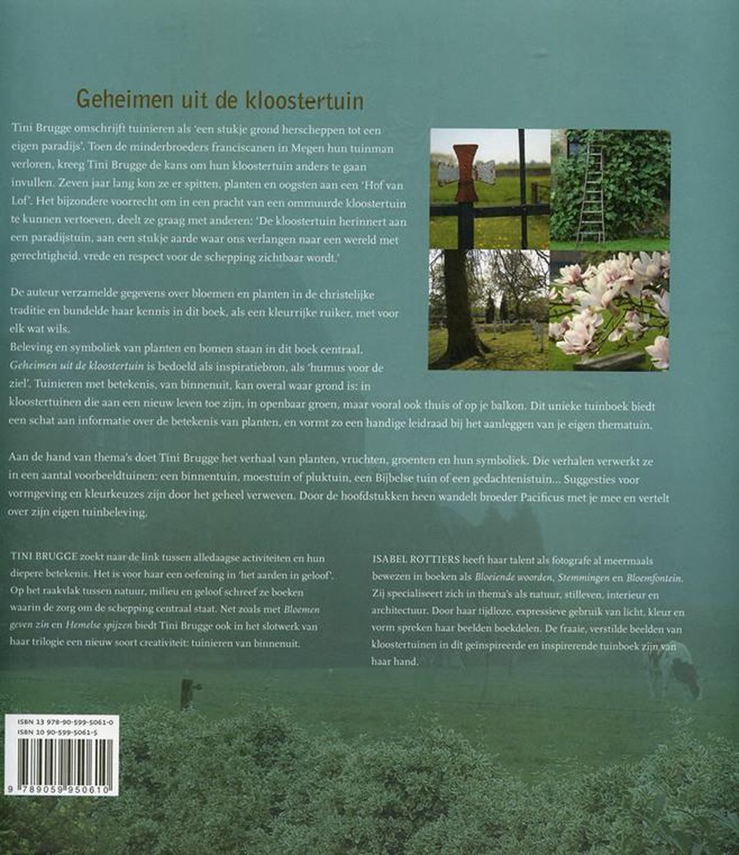 Achterkant van het boek 'Geheimen uit de kloostertuin' met een collage van foto's: een kruis, bloeiende magnoliatakkken en een ladder.