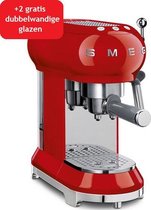 SMEG Espressomachine Rood + Maxxo dubbelwandige glazen - 2 stuks