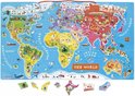 Carte du monde magnétique avec des illustrations colorées d'animaux, de bâtiments et de transports par pays. Inclut 92 aimants.