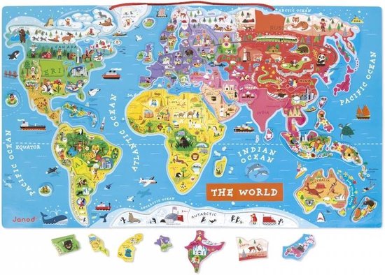 Carte du monde magnétique avec des illustrations colorées d'animaux, de bâtiments et de transports par pays. Inclut 92 aimants.