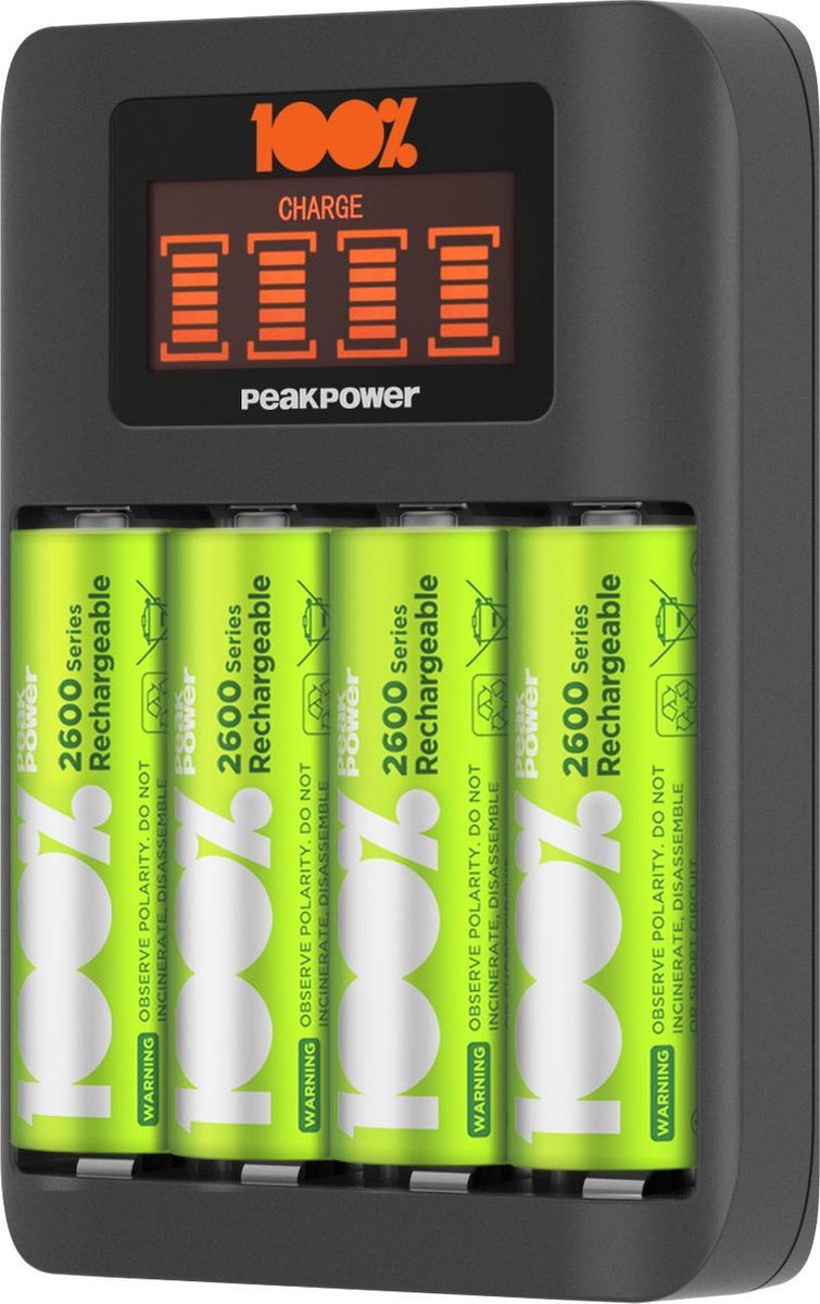 Batterij oplader voor AA en AAA - Batterijlader incl. 4 AA oplaadbare batterijen - 2300 mAh - 100% Peak Power Batterijoplader U412 - Universele batterij oplader - 100% Peak Power