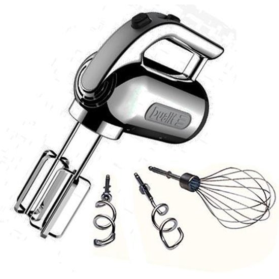 Chrome Dualit handmixer met twee menghaken, twee deegkneden en een garde.