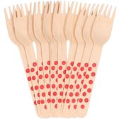 10x Houten duurzame wegwerp vorken rode stippen 16 cm - Biologisch afbreekbaar en milieuvriendelijk