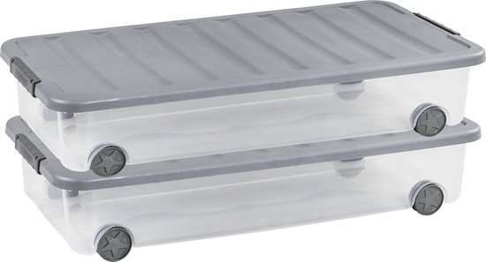 Curver Scotti onder het bed opbergbox - 35L - 2 stuks - Transparant/steel met deksel