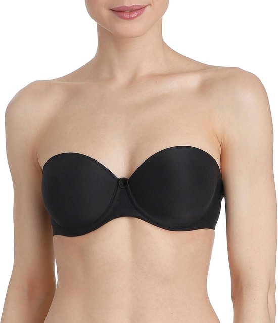 Zwarte strapless bh met voorgevormde cups en een sluiting middenvoor.