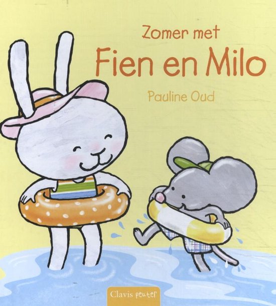 Zomer met Fien en Milo. Een konijn en een muis met zwembandjes in het water.