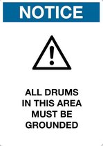 Sticker 'Notice: All drums in this area must be grounded', 297 x 210 mm (A4)