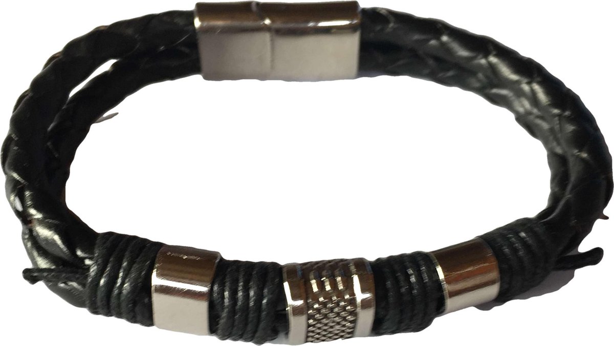Heren armband leer zwart met schuifsluiting