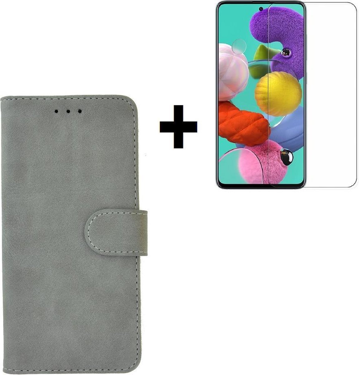 Geschikt voor Samsung Galaxy A71 / A71s Hoes Wallet Book Case Cover Pearlycase Grijs + Screenprotector Tempered Gehard Glas