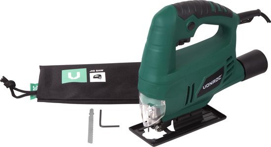 Groene VONROC decoupeerzaag met opbergtas, zaagblad en inbussleutel.